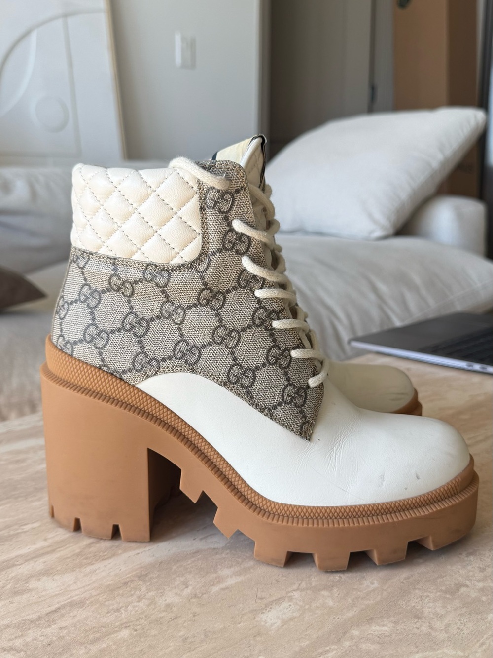 Gucci Beige Monogram Quilted Cream Leather Lug Heel Ankle Boots
